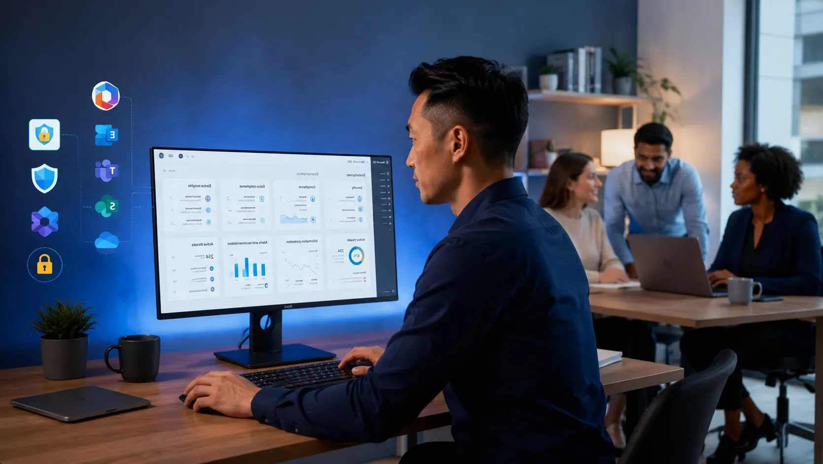 IT professional managing Microsoft 365 security, compliance, Teams, SharePoint, OneDrive and cloud productivity tools in a modern office.