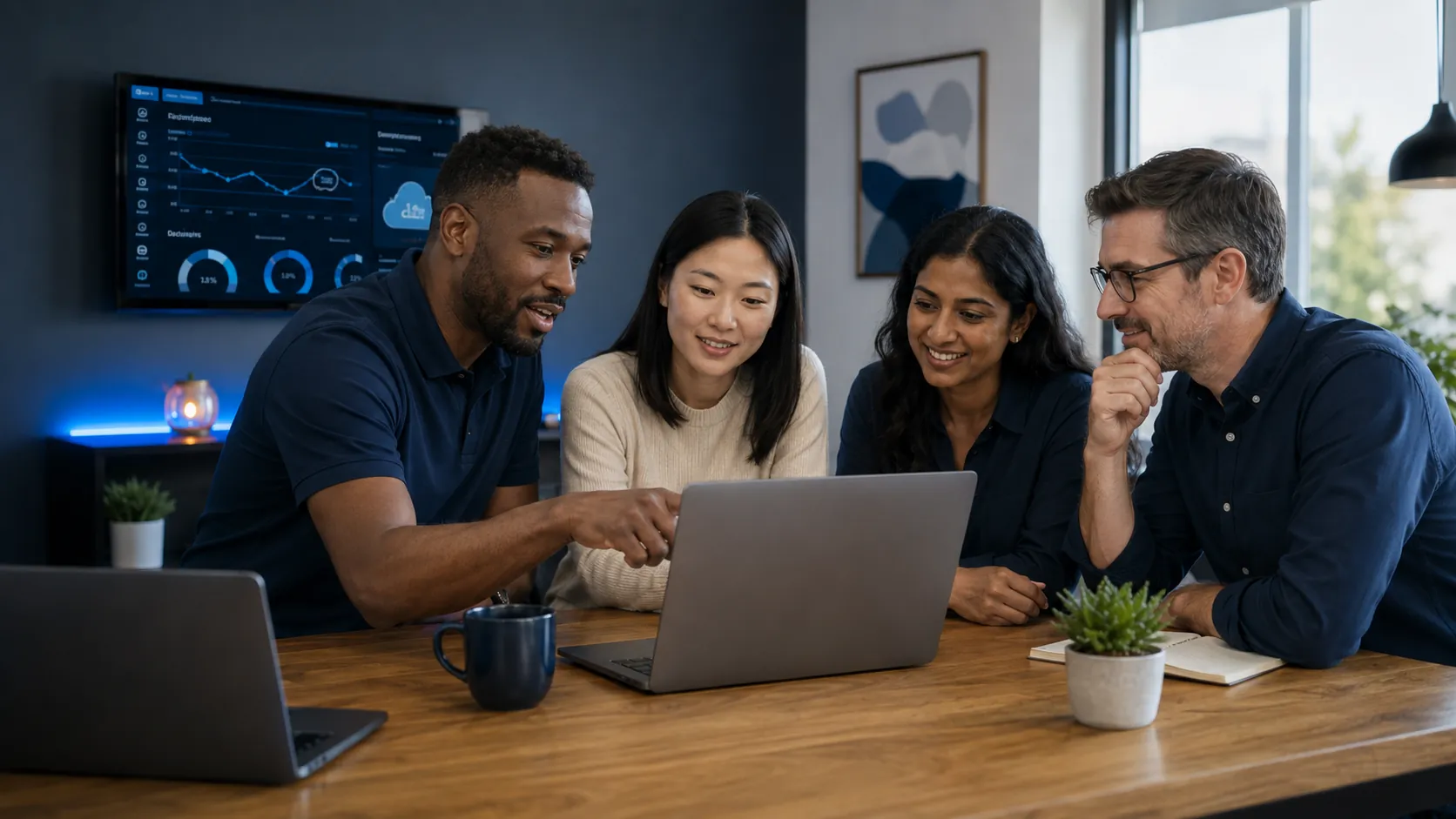 Diverse small-business team reviewing IT support and cloud dashboard insights with a professional consultant in a modern office.