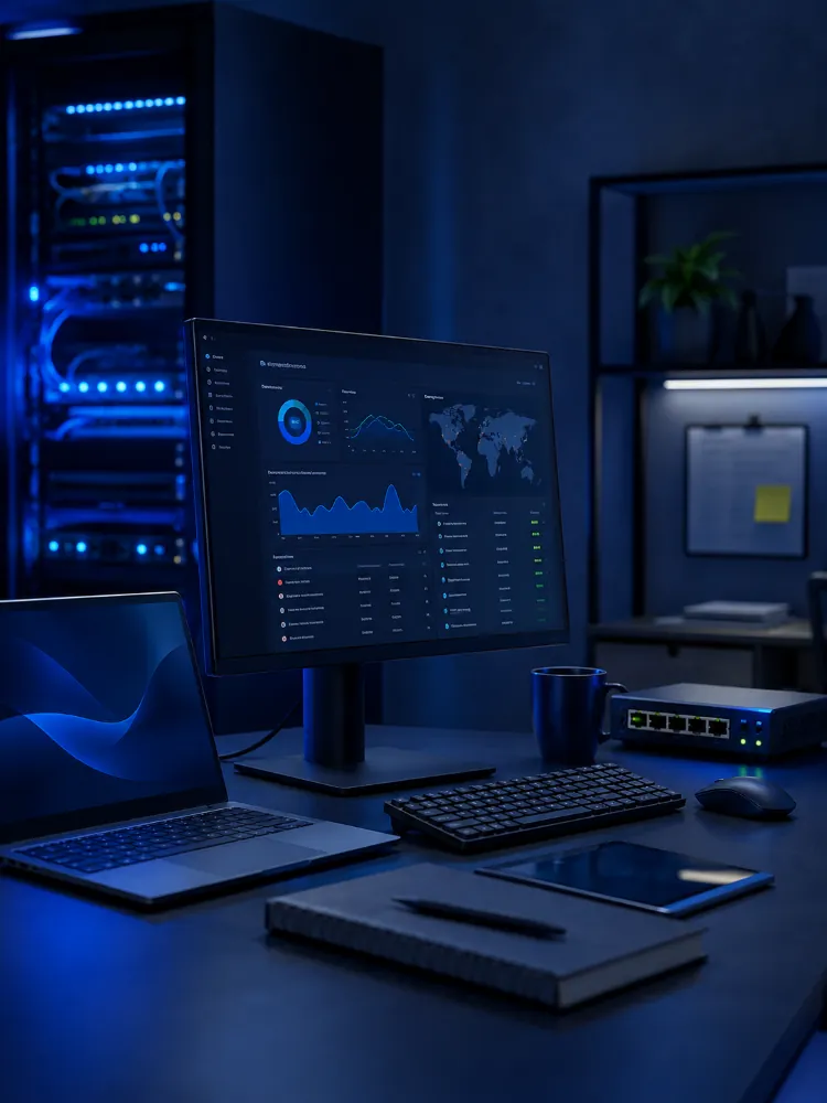 Modern IT workspace with a monitoring dashboard on a desktop screen, laptop, network switch and server rack in a professional office.
