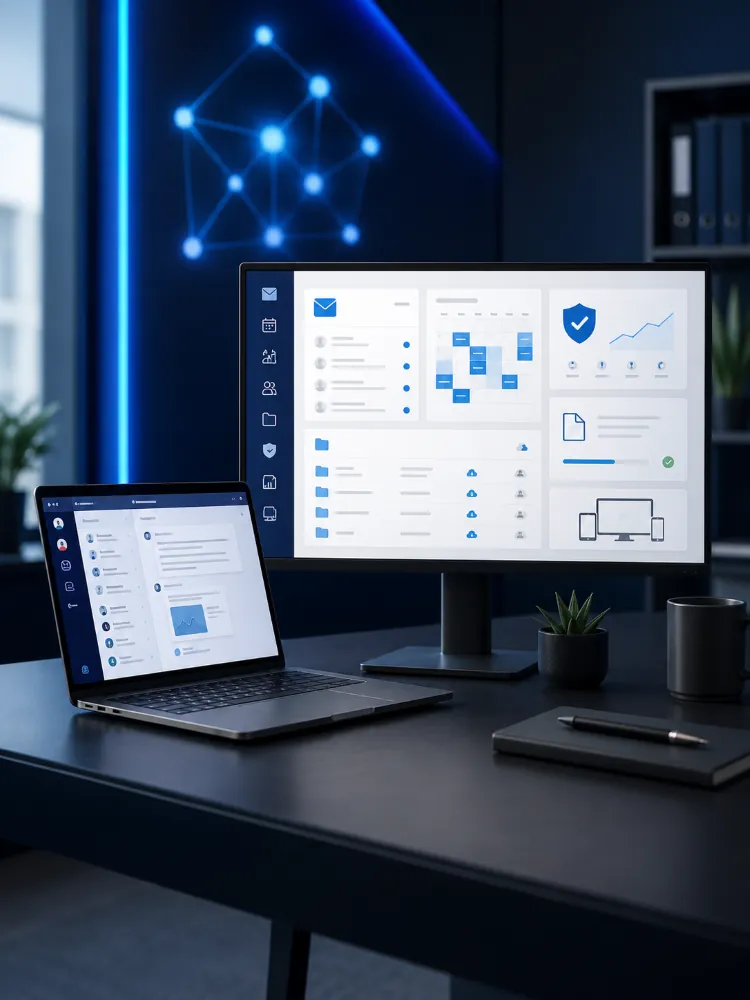 Clean office setup showing a Microsoft 365-style productivity and security dashboard on a monitor and laptop with blue interface elements.