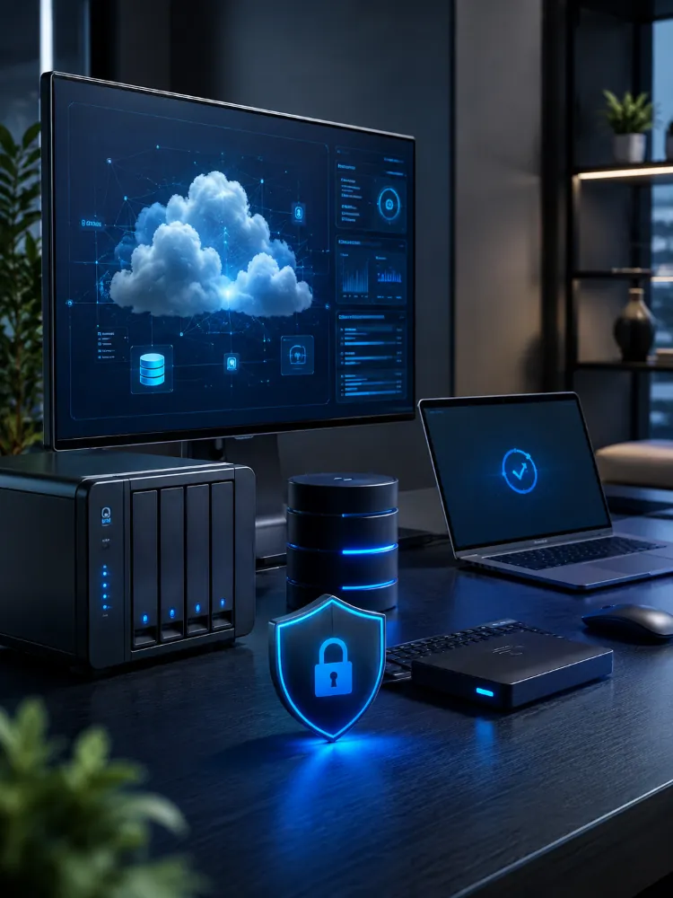 Cloud backup and data protection setup with storage devices, laptop, security shield and a cloud dashboard on a monitor in a modern office.